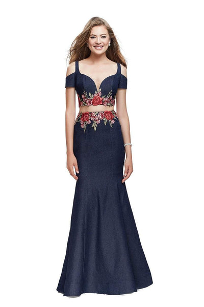 La Femme - 25848 Cold Shoulder Floral Two Piece Denim Gown Special Occasion Dress