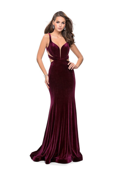 La Femme - 25866 Deep V-neck Velvet Sheath Dress Special Occasion Dress 00 / Wine