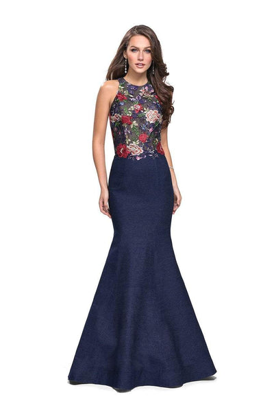 La Femme - 25885 Floral Printed Open Back Denim Trumpet Gown Special Occasion Dress