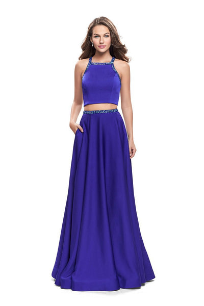 La Femme - 25978 High Halter Neck Two-Piece A-line Gown Special Occasion Dress 00 / Sapphire Blue