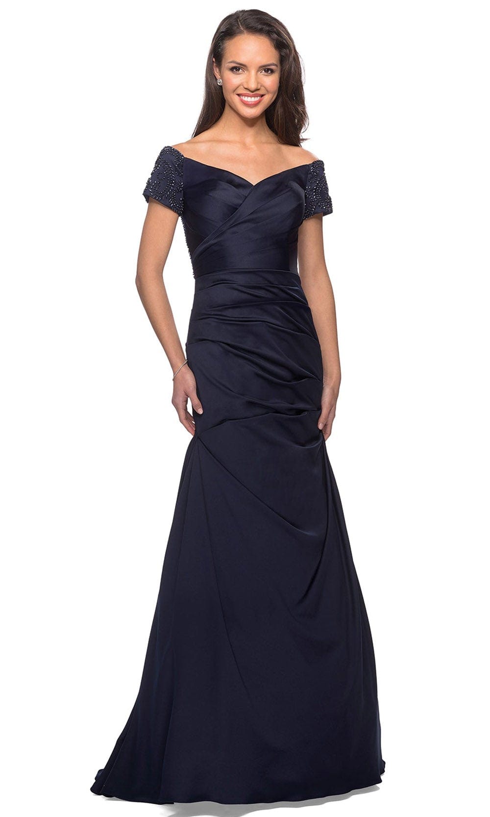 La Femme 25996 - Embellished Pleated Long Dress Special Occasion Dress 2 / Navy