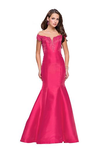 La Femme - 26001 Embellished Off Shoulder Mermaid Dress Special Occasion Dress 00 / Hot Pink