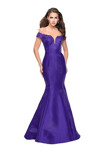 La Femme - 26001 Embellished Off Shoulder Mermaid Dress Special Occasion Dress 00 / Indigo