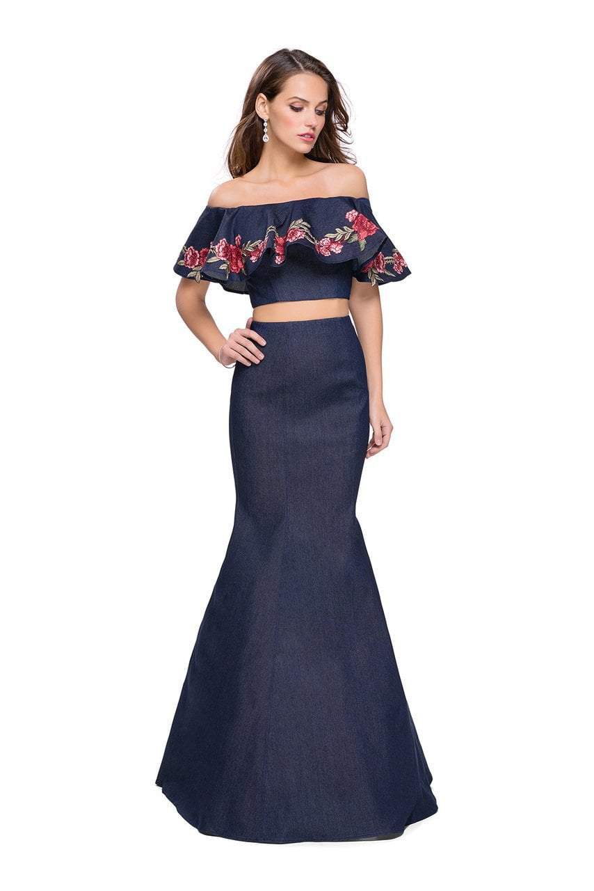 La Femme - 26013 Off The Shoulder Ruffle Denim Two Piece Gown Special Occasion Dress