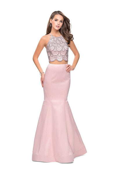 La Femme - 26035 Beaded Two Piece Satin Mermaid Dress Special Occasion Dress 00 / Blush