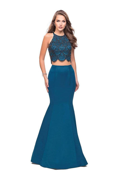 La Femme - 26035 Beaded Two Piece Satin Mermaid Dress Special Occasion Dress 00 / Teal