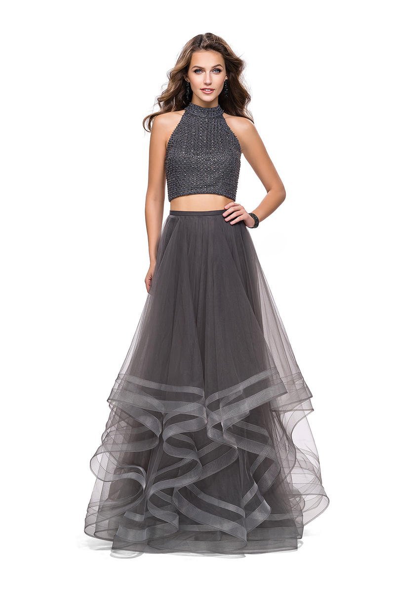 La Femme - 26077 Two-Piece Bejeweled High Halter Tulle Cascade Gown Special Occasion Dress 00 / Gunmetal