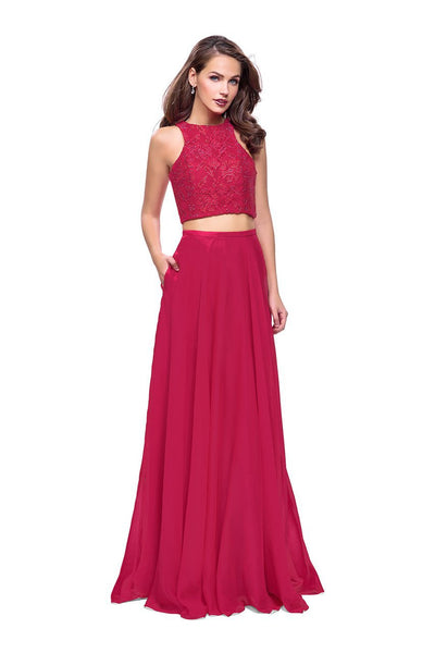 La Femme - 26087 Beaded Lace Two Piece Chiffon A-line Dress Special Occasion Dress 00 / Hot Fuchsia