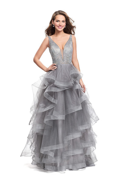 La Femme - 26223 Metallic Beaded Plunging Bodice Tulle Ballgown Special Occasion Dress 00 / Silver