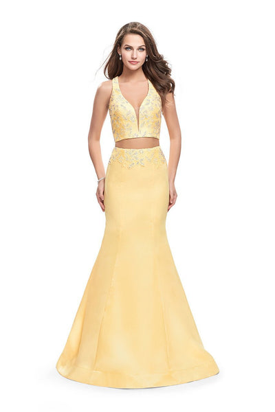 La Femme - 26311 Sculpted Two-Piece Beaded Mikado Evening Gown Special Occasion Dress 00 / Lemon