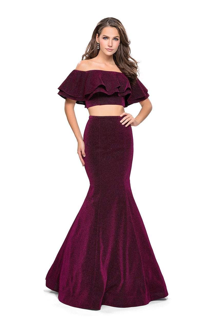 La Femme - 26324 Two Piece Ruffled Off-Shoulder Jersey Mermaid Dress Special Occasion Dress 00 / Fuchsia