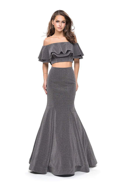 La Femme - 26324 Two Piece Ruffled Off-Shoulder Jersey Mermaid Dress Special Occasion Dress 00 / Silver