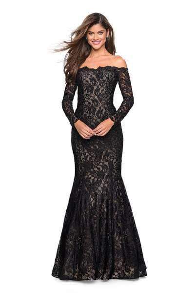 La Femme - 26393 Long Sleeve Off Shoulder Lace Trumpet Gown Special Occasion Dress 00 / Black