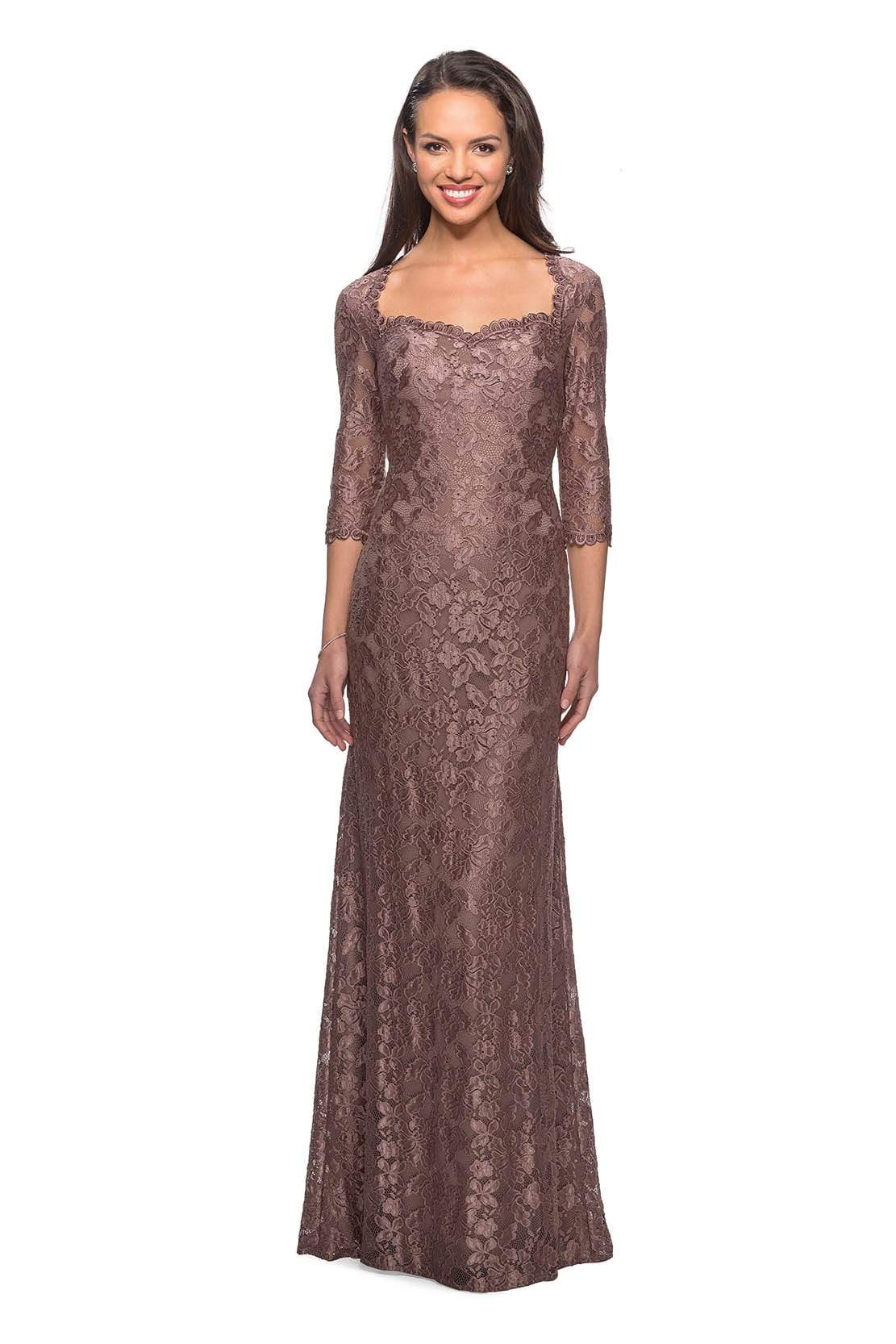 La Femme - 26427 Floral Lace Sheer Quarter Sleeve Sheath Gown Mother of the Bride Dresses 4 / Cocoa