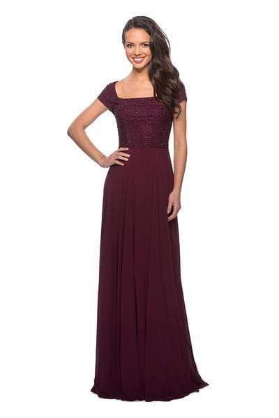 La Femme - 26512 Embellished Square Neck Chiffon A-line Dress Special Occasion Dress 2 / Wine