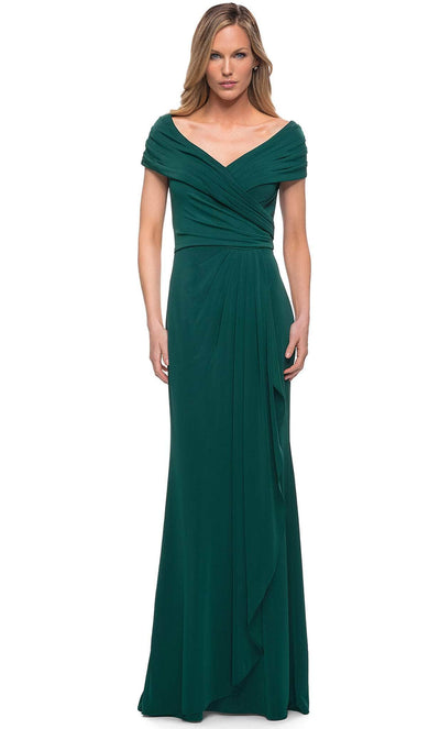 La Femme - 26519 Off Shoulder V Neck Long Sheath Jersey Gown Mother of the Bride Dresses 2 / Emerald