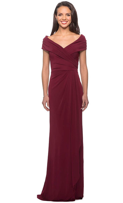 La Femme - 26519 Off Shoulder V Neck Long Sheath Jersey Gown Mother of the Bride Dresses 2 / Wine