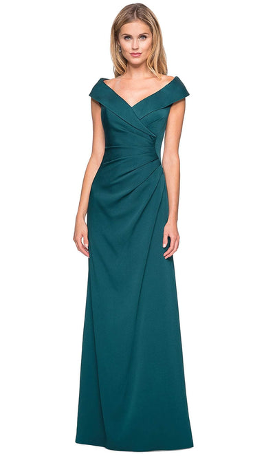 La Femme - 26523 Wide V Neck Fold over Sleeves Long Gown Evening Dresses 2 / Evergreen