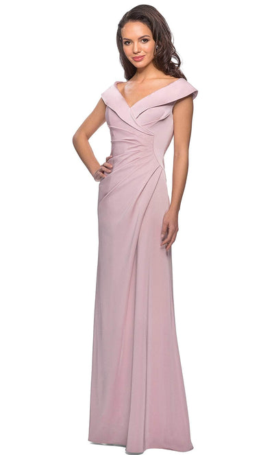 La Femme - 26523 Wide V Neck Fold over Sleeves Long Gown Evening Dresses 2 / Light Blush