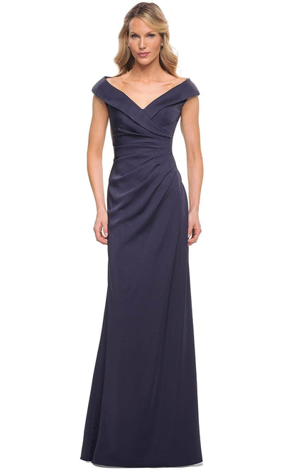 La Femme - 26523 Wide V Neck Fold over Sleeves Long Gown Evening Dresses 2 / Navy