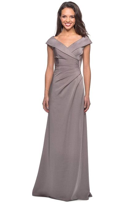 La Femme - 26523 Wide V Neck Fold over Sleeves Long Gown Evening Dresses 2 / Pewter