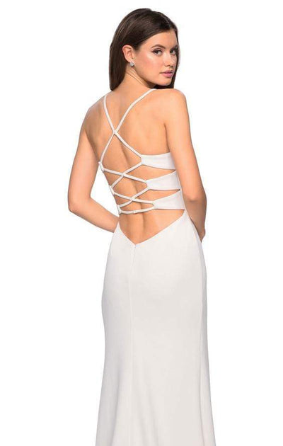 La Femme - 26940 Crisscrossed Lace Up Back High Slit Gown Special Occasion Dress 00 / White