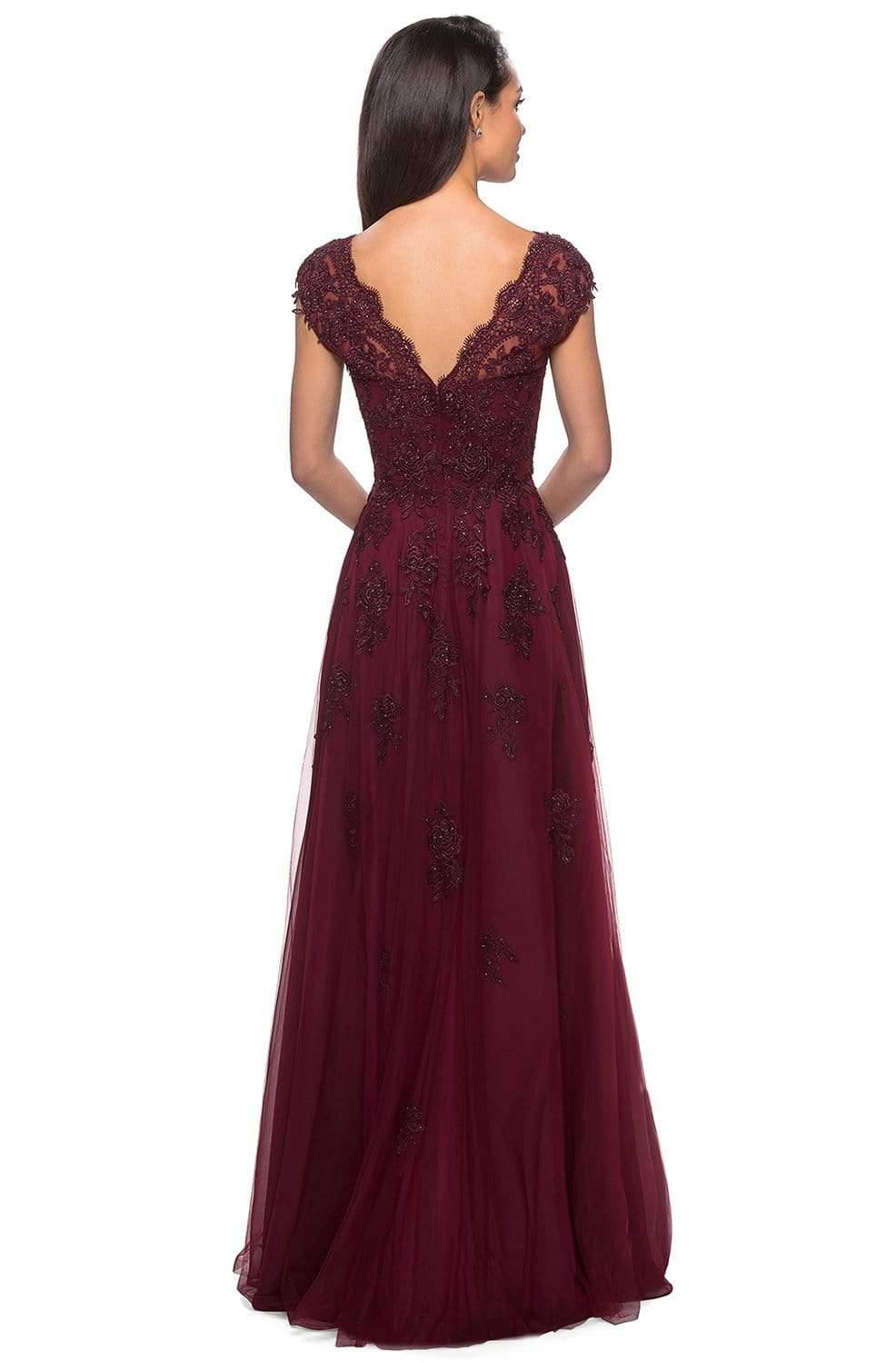 La Femme 26942 - Long A Line Dress - Tulle Fabric, Floral Lace Applique, Cap Sleeves, Scallop And Eyelash Trimmed Edges, V Shaped Back, Back Zipper La Femme 26942 - Long A Line Dress - Tulle Fabric, Floral Lace Applique, Cap Sleeves, Scallop And Eyelash Trimmed Edges, V Shaped Back, Back Zipper