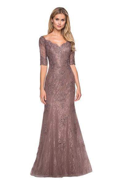 La Femme - 26943 Bedazzled Curve V-neck Trumpet Dress Mother of the Bride Dresses 4 / Cocoa