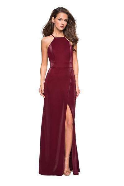 La Femme - 26962 Strappy Fitted Halter Gown with Slit Special Occasion Dress 00 / Burgundy