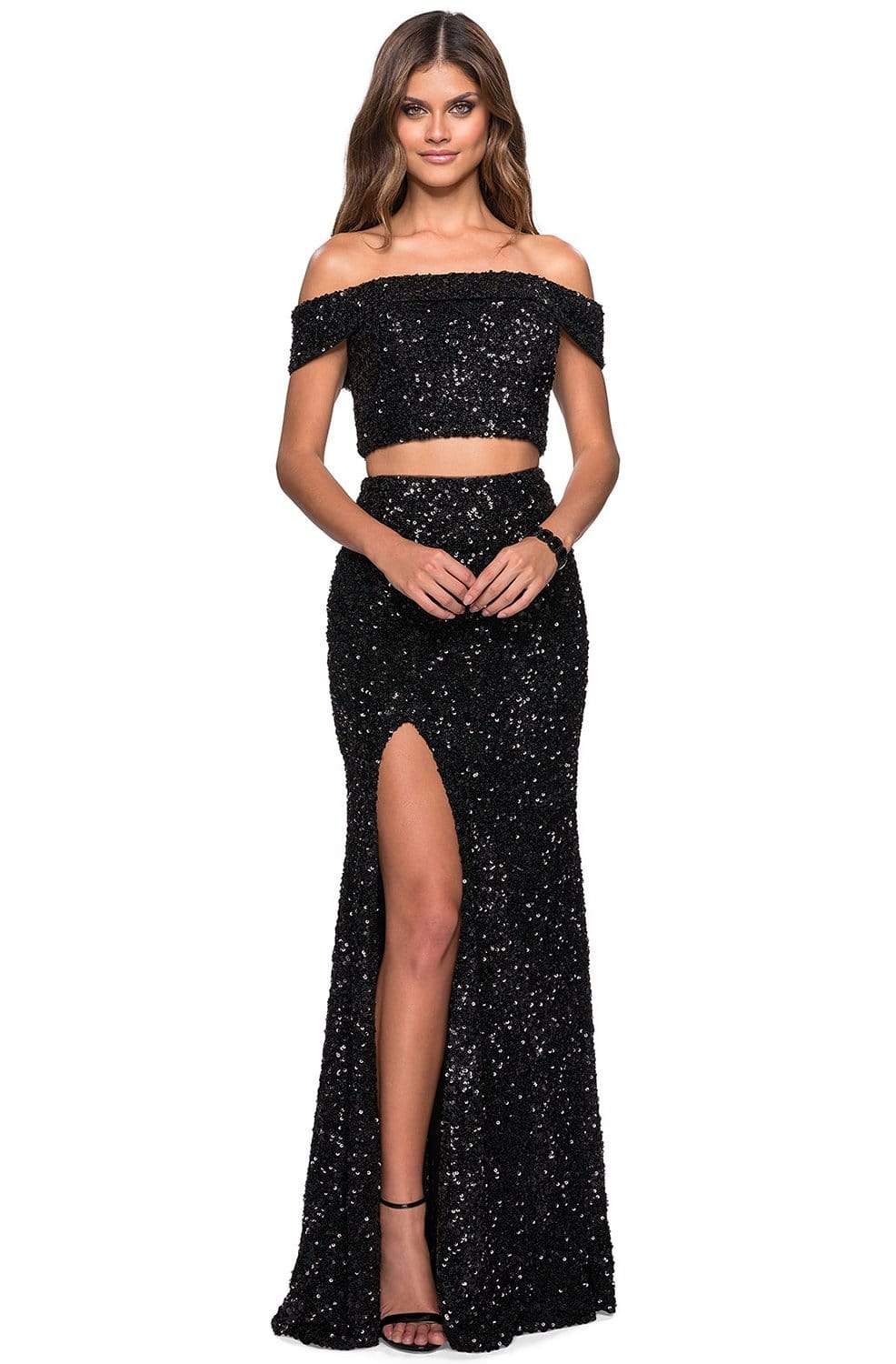 La Femme - 27020 Two Piece Off-Shoulder Sequined Gown Special Occasion Dress 00 / Black