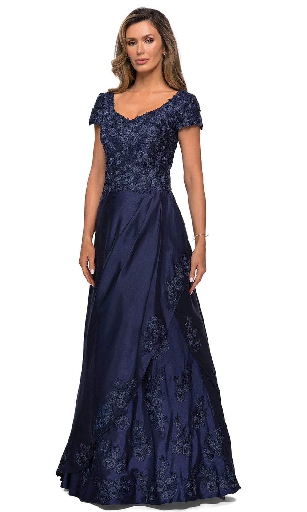 La Femme - 27033 Floral Embroidery Stretch Satin A-Line Gown Mother of the Bride Dresses