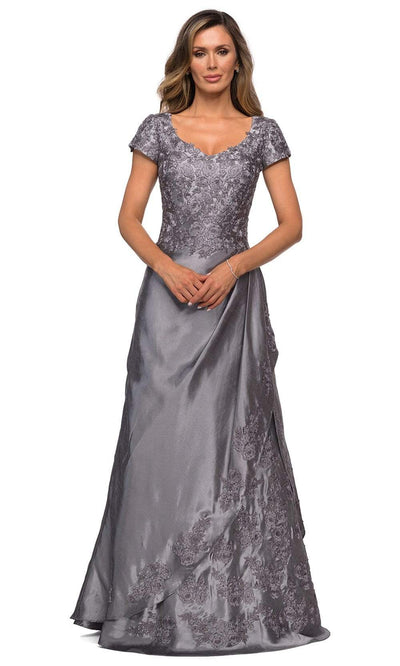 La Femme - 27033 Floral Embroidery Stretch Satin A-Line Gown Mother of the Bride Dresses