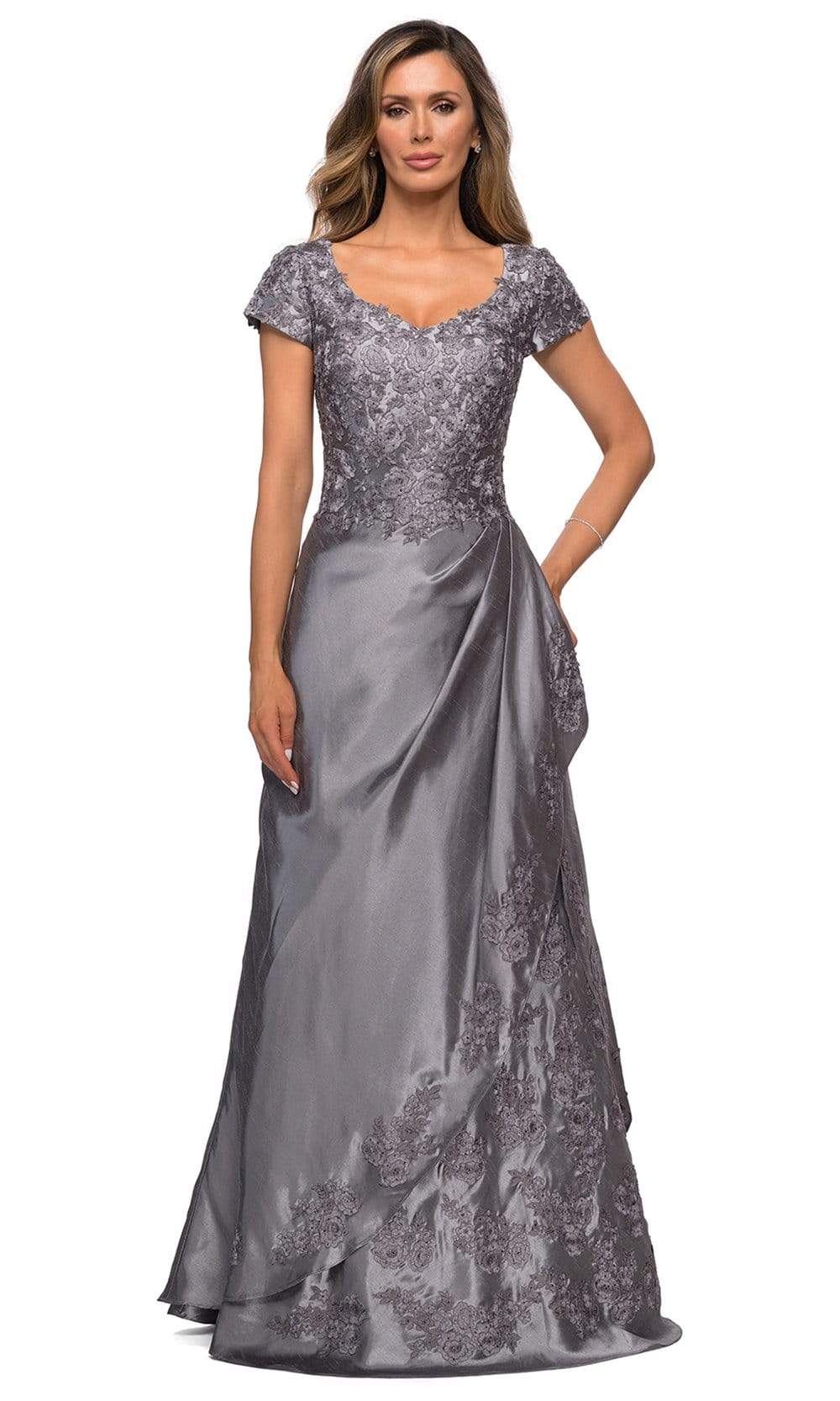 La Femme - 27033 Floral Embroidery Stretch Satin A-Line Gown Mother of the Bride Dresses 4 / Platinum