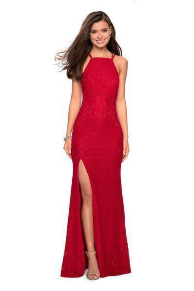 La Femme - 27046 Strappy Halter Lace Gown with Slit Special Occasion Dress 00 / Red