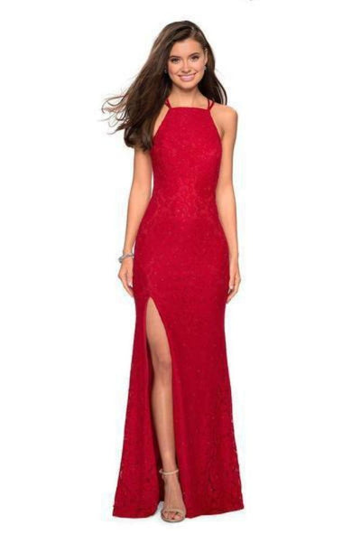 La Femme - 27046 Strappy Halter Lace Gown with Slit Special Occasion Dress 00 / Red