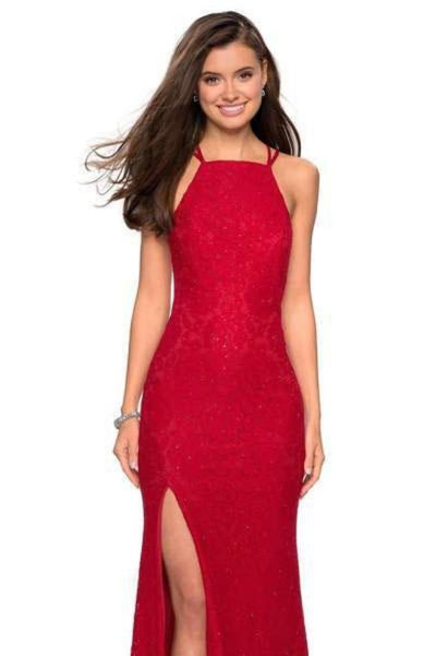 La Femme - 27046 Strappy Halter Lace Gown with Slit Special Occasion Dress