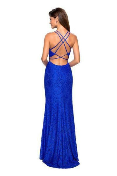 La Femme - 27046 Strappy Halter Lace Gown with Slit Special Occasion Dress