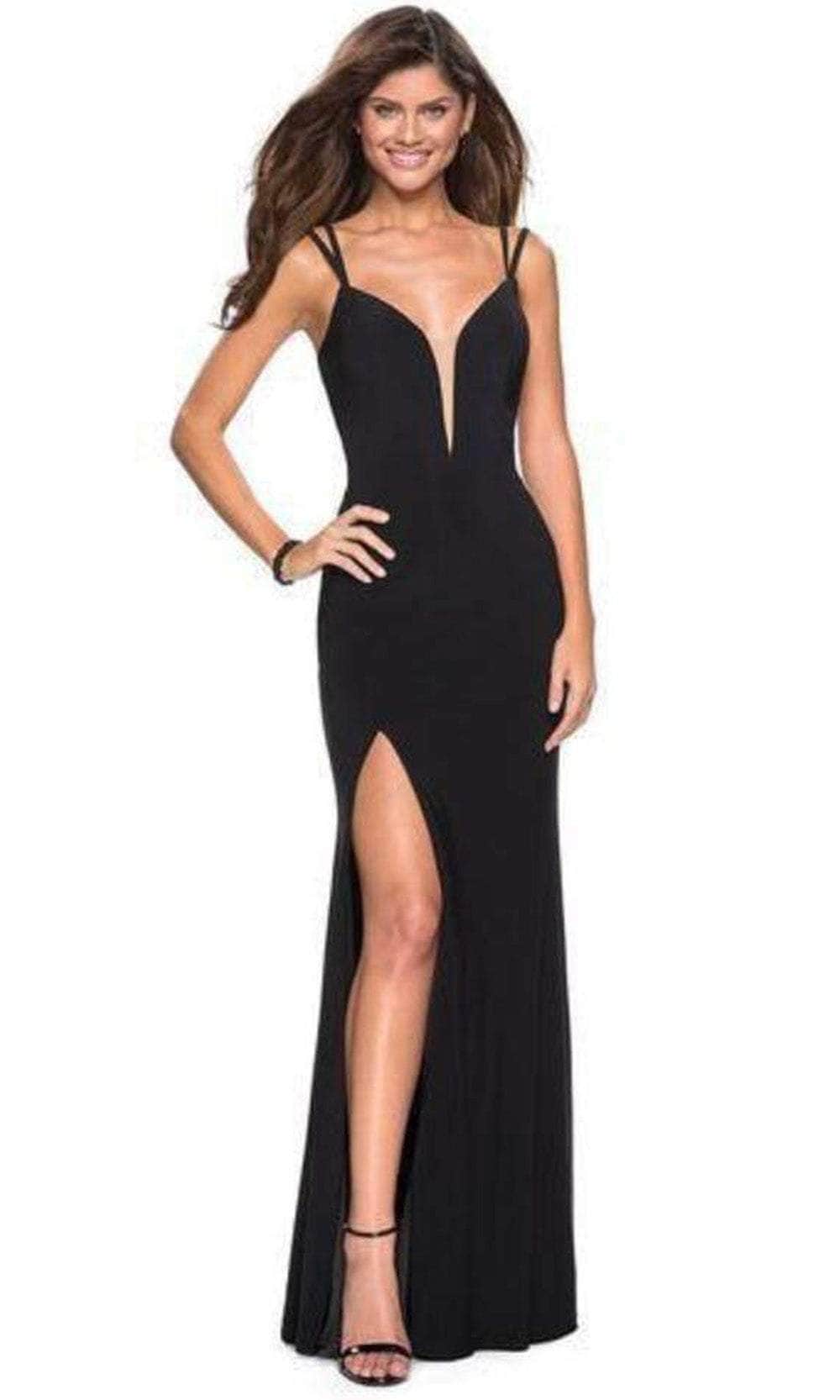 La Femme - 27072 Plunging Strappy Back High Slit Gown Prom Dresses 00 / Black