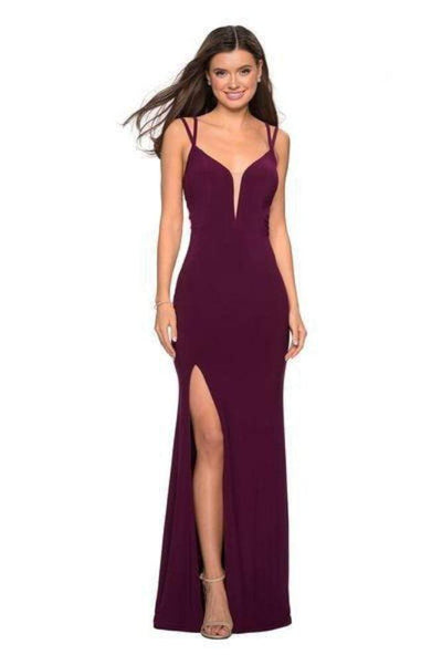 La Femme - 27072 Plunging Strappy Back High Slit Gown Special Occasion Dress 00 / Dark Berry