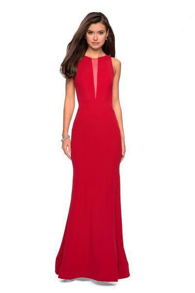 La Femme - 27124 Plunging Illusion Notched Trumpet Gown Special Occasion Dress 00 / Red