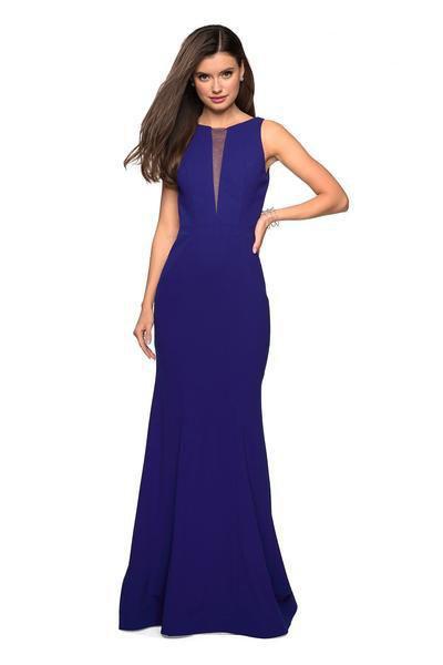 La Femme - 27124 Plunging Illusion Notched Trumpet Gown Special Occasion Dress 00 / Sapphire Blue
