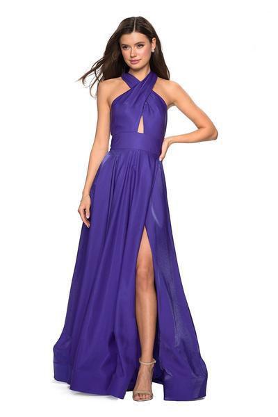 La Femme - 27151 Crisscross Halter Cutout Long Gown Special Occasion Dress 00 / Indigo