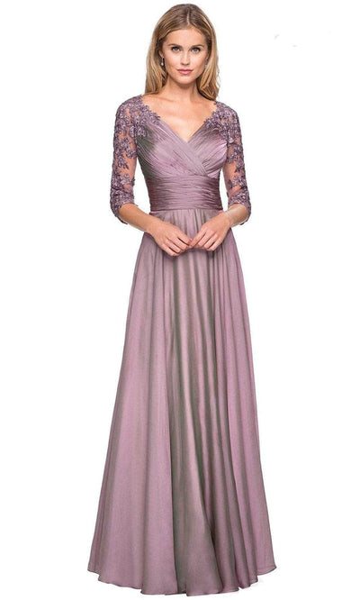 La Femme - 27153 Sheer Lace Quarter Sleeves Empire Waist Chiffon Gown Mother of the Bride Dresses 0 / Dusty Lilac