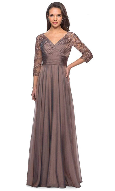 La Femme - 27153 Sheer Lace Quarter Sleeves Empire Waist Chiffon Gown Mother of the Bride Dresses