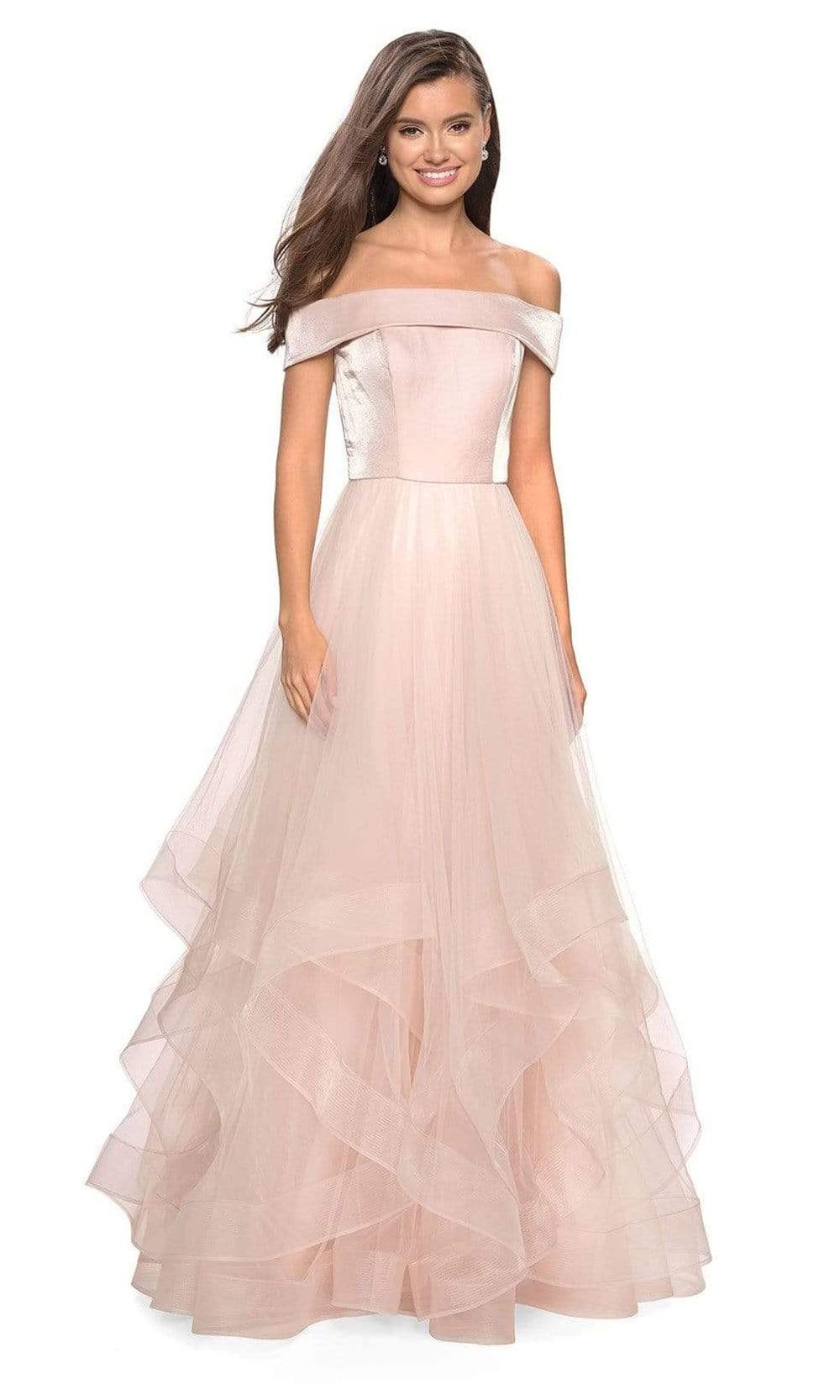 La Femme - 27224 Off-Shoulder Pleated A-Line Gown Prom Dresses 00 / Blush