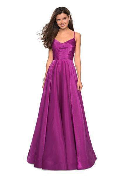 La Femme - 27226 Pleated V-neck Satin A-line Dress Special Occasion Dress 00 / Berry