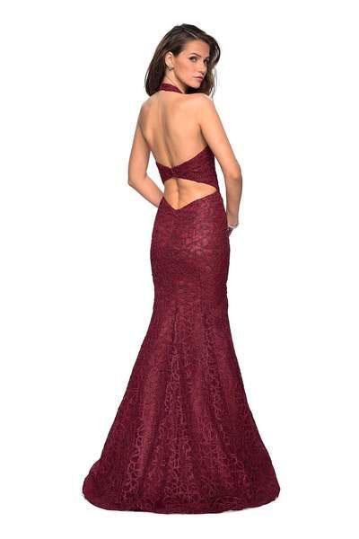 La Femme - 27228 Metallic Lace Deep Halter V-neck Mermaid Dress Special Occasion Dress