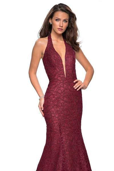 La Femme - 27228 Metallic Lace Deep Halter V-neck Mermaid Dress Special Occasion Dress