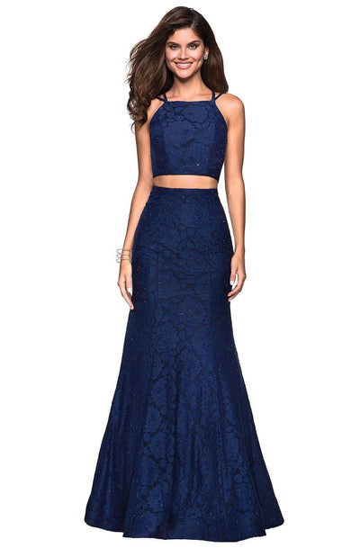 La Femme - 27452 Strappy Two Piece Halter Trumpet Gown Evening Dresses 00 / Navy