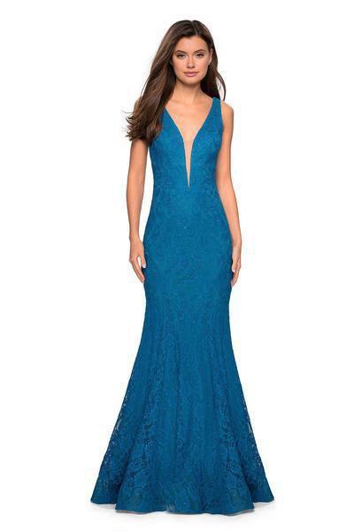 La Femme - 27464 Deep V-neck Stretch Lace Trumpet Dress Special Occasion Dress